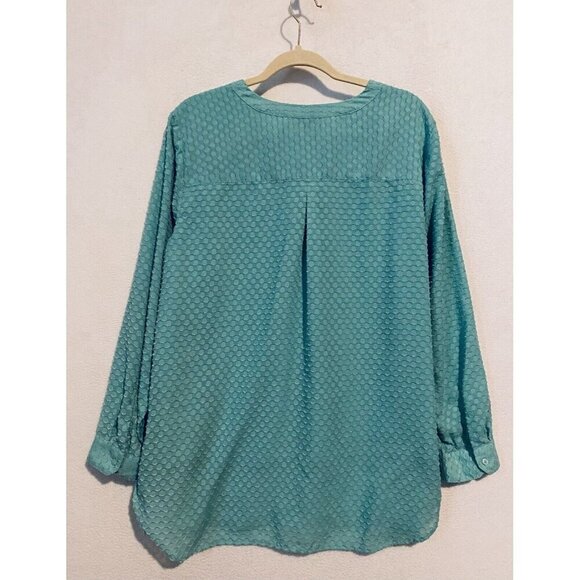 Talbots Top Womens 1X Aqua Blue Textured Geometric Long Sleeve Popover Mature - Picture 3 of 6
